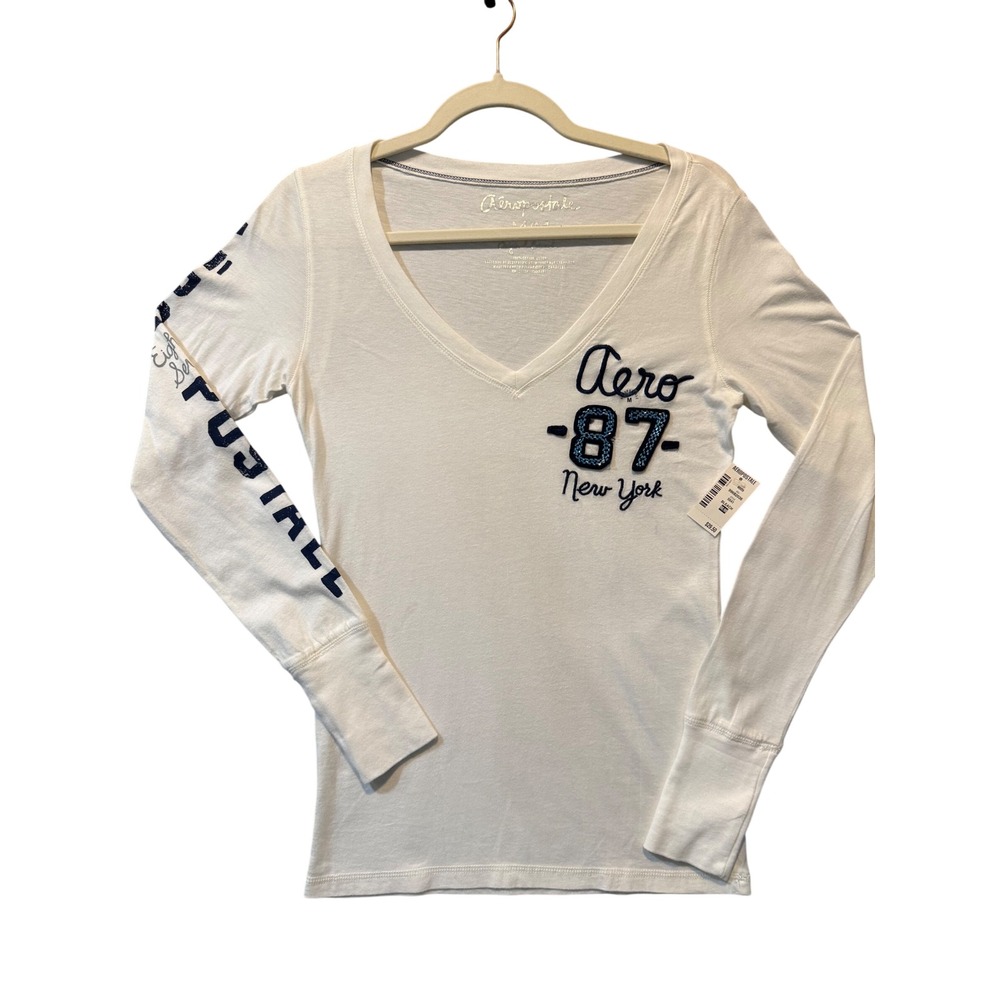 Aeropostale Womens V-Neck Graphic Long Sleeve Tee White Aero 87 New York Medium